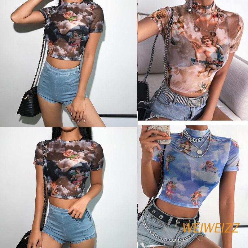 Áo thun croptop cổ lọ tay ngắn phối lưới in hình thần tình yêu màu sắc vui nhộn cho nữ