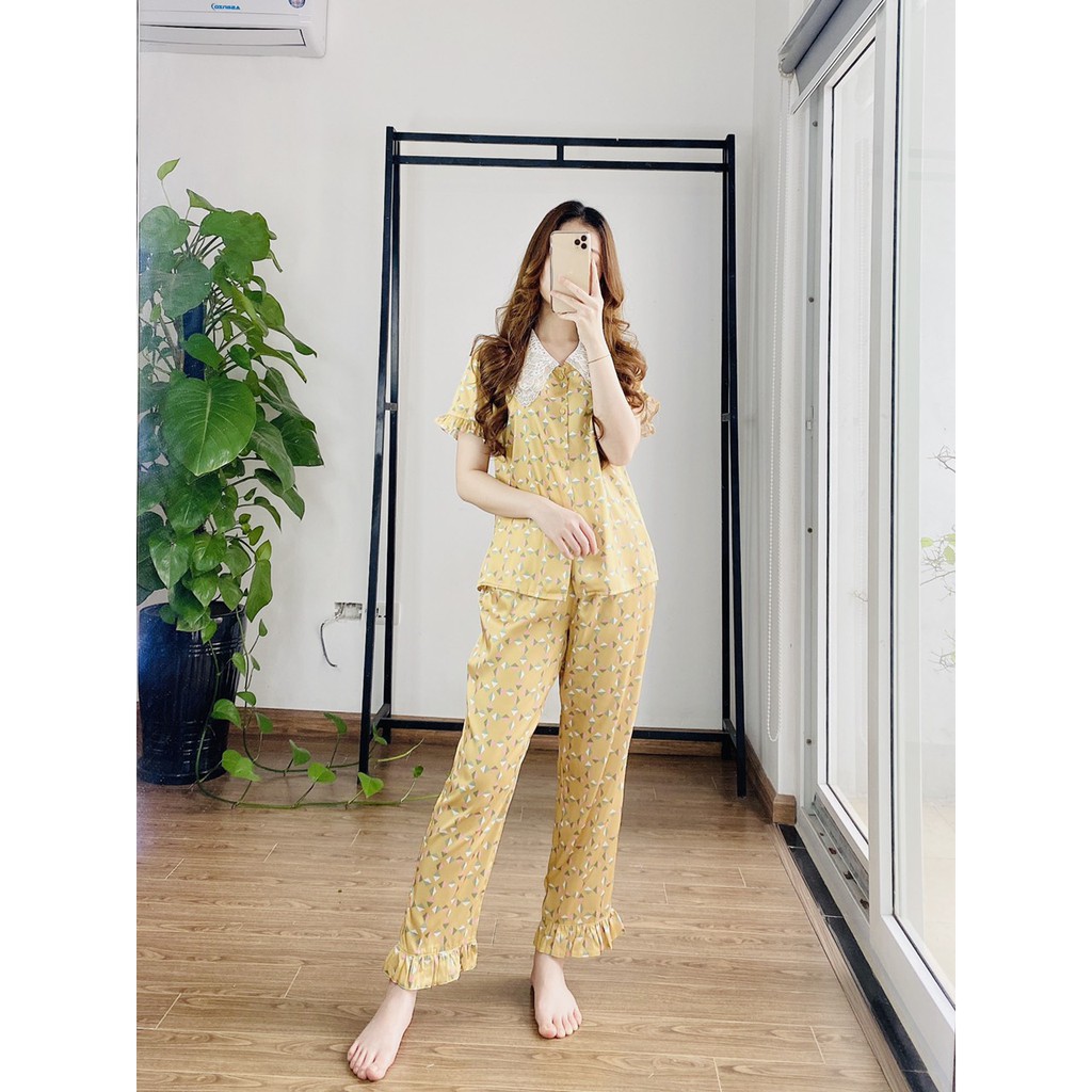 Bộ Pijama lụa giấy NOHK cao cấp mặc nhà cộc tay quần dài họa tiết tay bồng