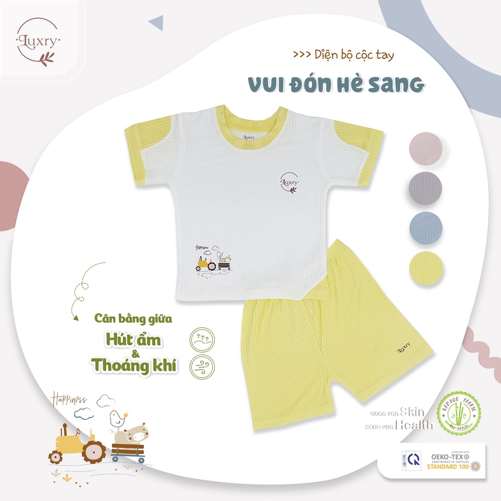 Bộ cộc tay cổ tròn chất liệu vải sợi tre nhà Luxry cho bé từ 3 tháng đến 4 tuổi