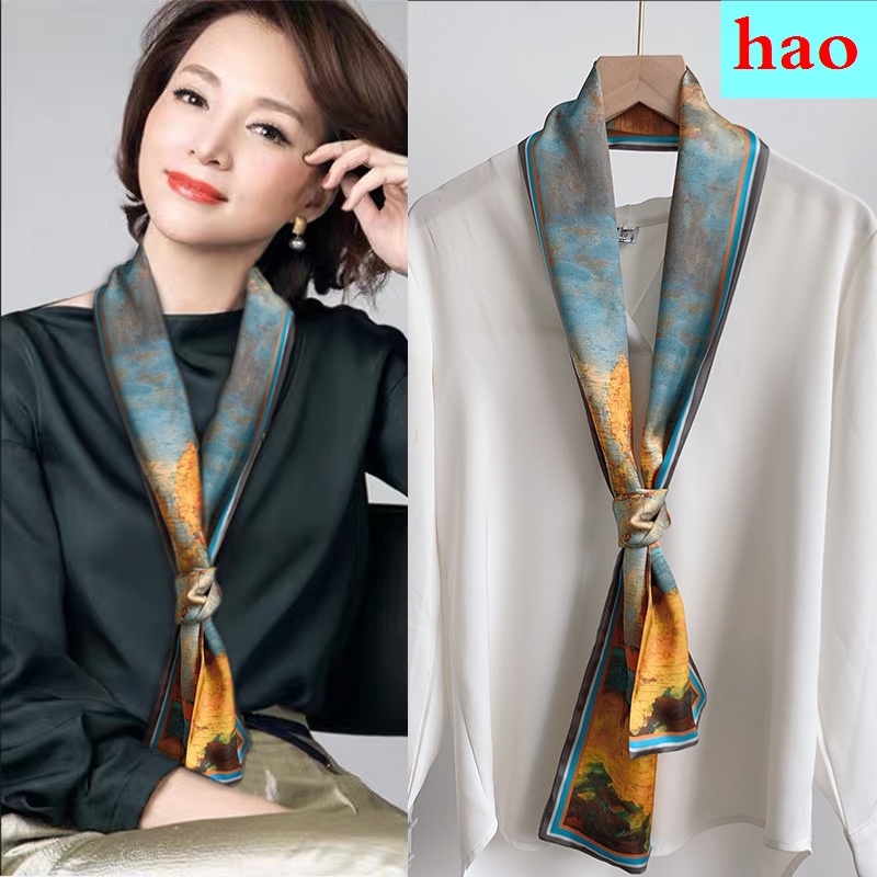 Khăn choàng cổ dài họa tiết kẻ sọc chất liệu lụa mỏng thời trang xuân thu phong cách phương Tây cho nữ