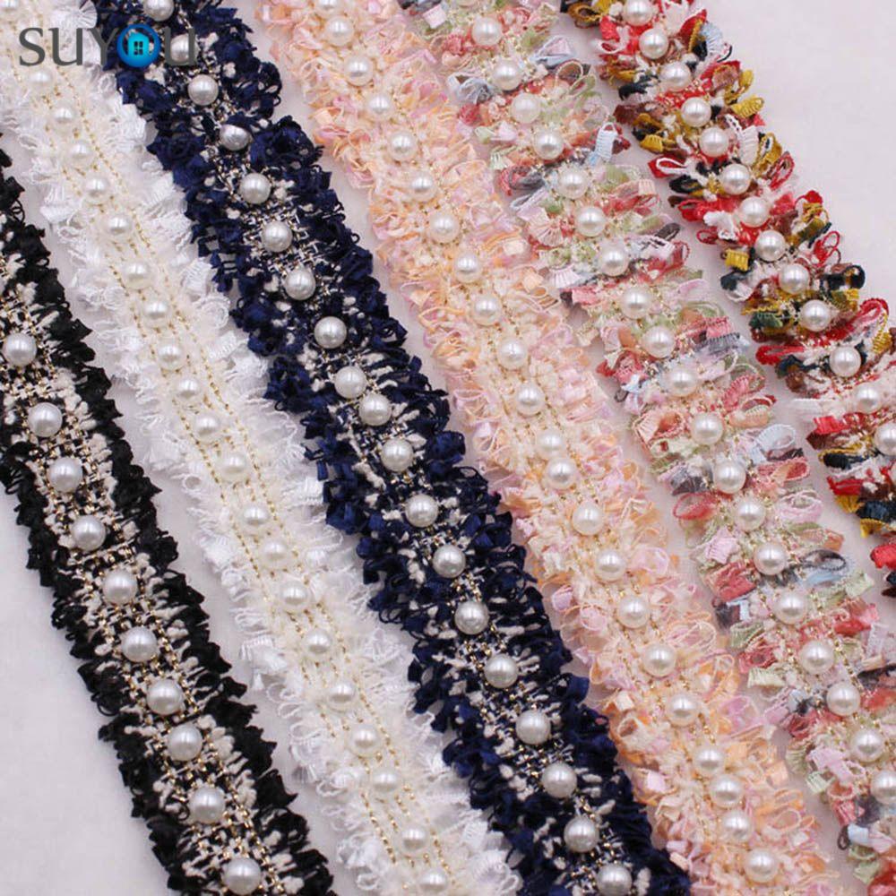 Dây ren ruy băng đính cườm ngọc trai 1 yard trang trí quần áo/ đồ thủ công vintage DIY