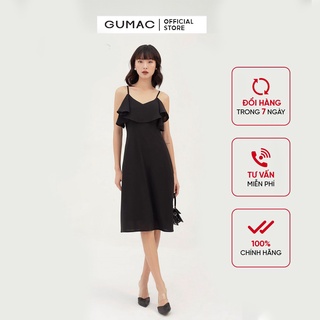 Đầm xòe nữ 2 dây đai eo phối bèo cổ GUMAC DB3102