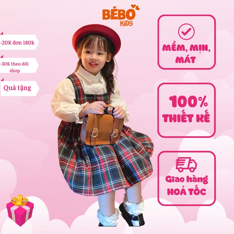 Set váy đầm cho bé gái thiết kế sơ mi phối váy yếm caro công chúa mùa xuân 10-22kg A10
