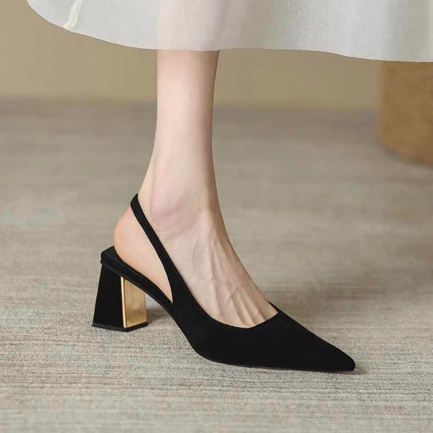 Giày cao gót nữ vuông 7p sandal slingback captoe gót metalic cao cấp - GCP246