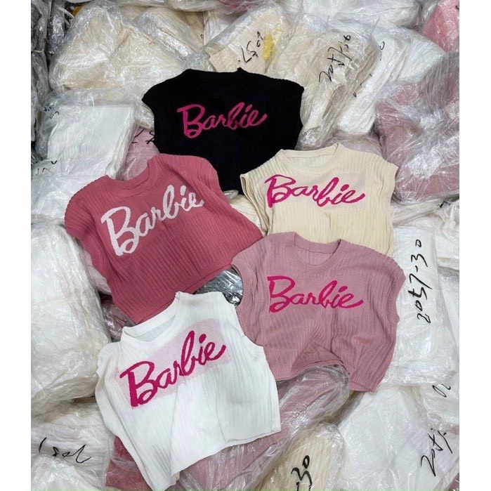 Áo len mongtoghi nữ len tăm cộc tay croptop chữ barbie kiểu A04