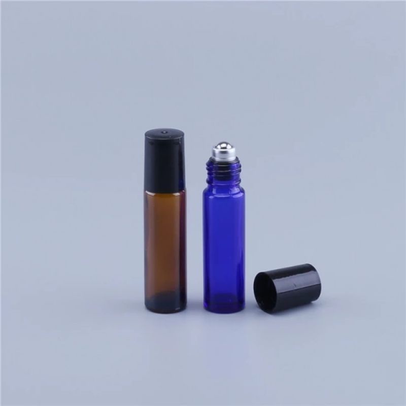 Vỏ chai thủy tinh dầy 20ml nâu, sanh bi lăn bằng thép nắp đen bóng đựng tinh dầu dubai nước hoa pháp nhỏ gọn dễ thương
