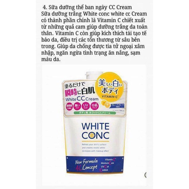 (HOT) Sữa dưỡng thể trắng da White Conc White CC Cream 200gr (túi)