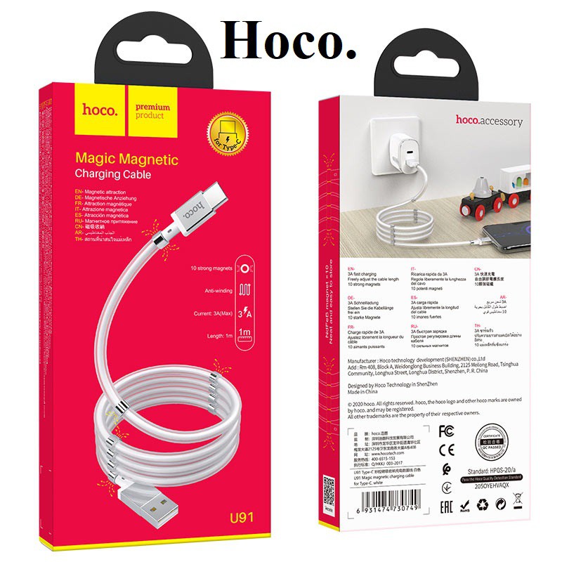 Cáp sạc nhanh Hoco U91, dây sạc nhanh có nam châm hít quấn gọn tiện dụng
