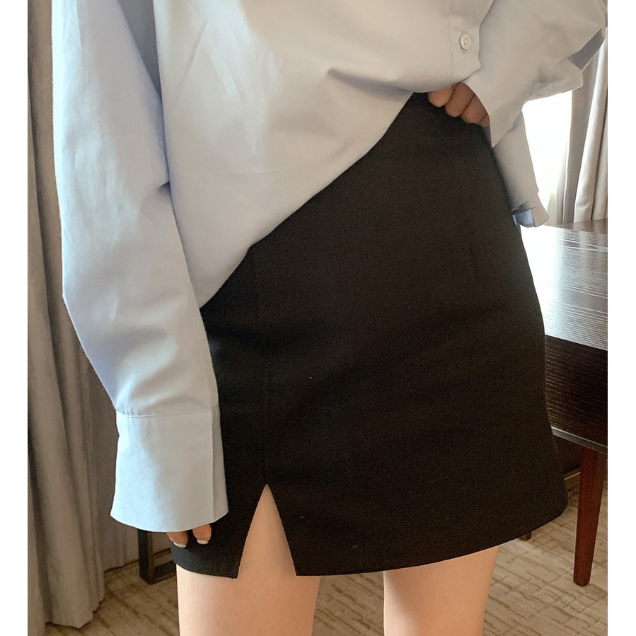 Áo Sơ Mi Tay Dài Cài Nút Bên Hông / Chân Váy Chữ A Lưng Cao Phong Cách Hàn Quốc Hàng Mới 45266