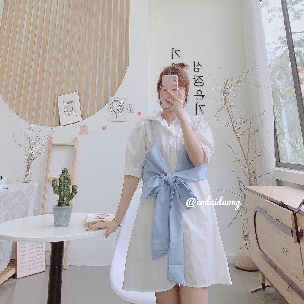 Bộ Đầm Sơ Mi Nữ Phối Yếm Nơ 🦋 Váy Nữ Cúc Cài Cộc Tay Cổ Sơ Mi 3 Màu 🦋 MSP: Q072
