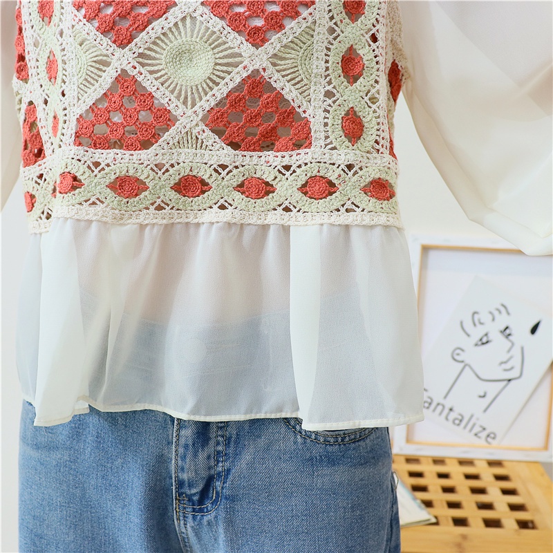 SUXI Áo Voan Tay Dài Cổ Vuông Phối Ren Xinh Xắn Thời Trang Cho Nữ