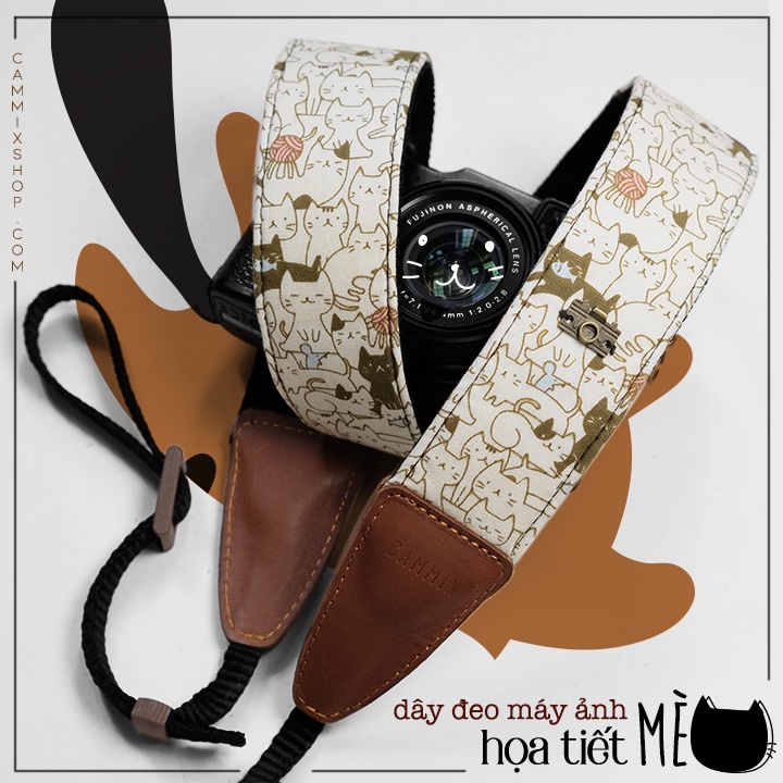 Dây đeo máy ảnh dành cho máy Fuji, Canon, Nikon, Sony - Camera Strap hoạ tiết mèo - Dây deo máy ảnh Made by Cammix