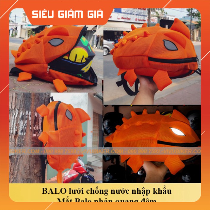 BALO KHỦNG LONG màu cam đựng mũ bảo hiểm fullface bằng lưới cao cấp - Balo Rồng mắt phản quang