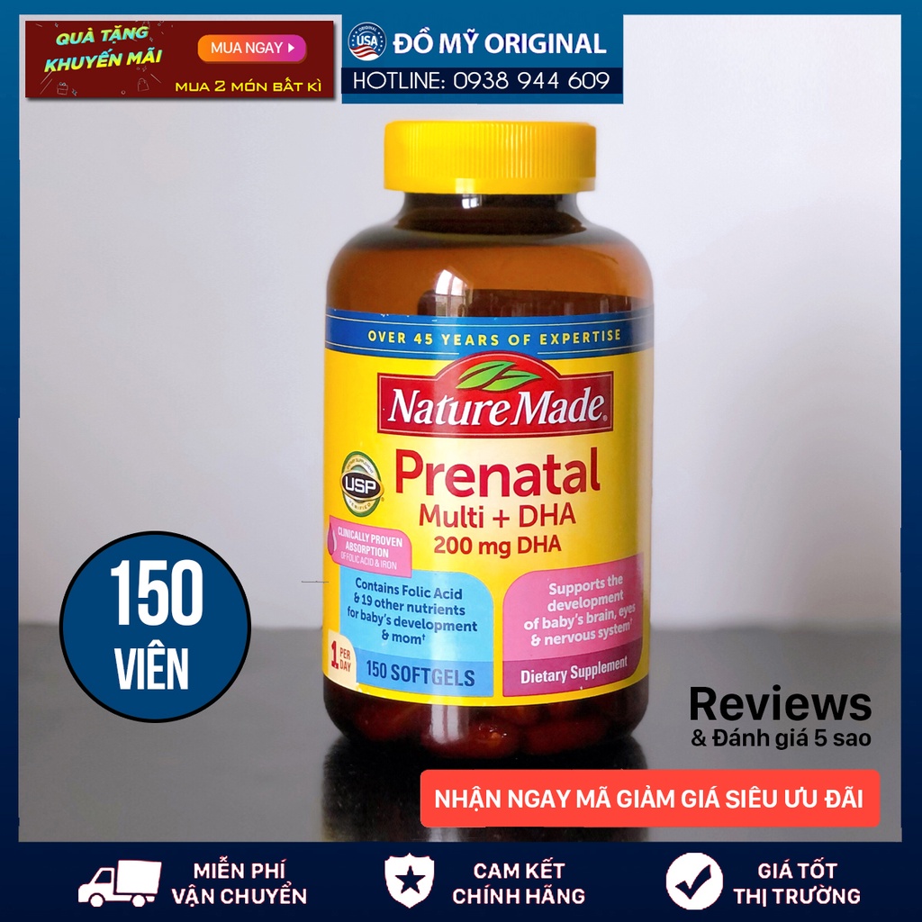 Vitamin Tổng Hợp Cho Bà Bầu Nature Made Prenatal Multi DHA 150 Viên Giúp Tăng Cường Sức Khỏe Bổ Sung Vitamin
