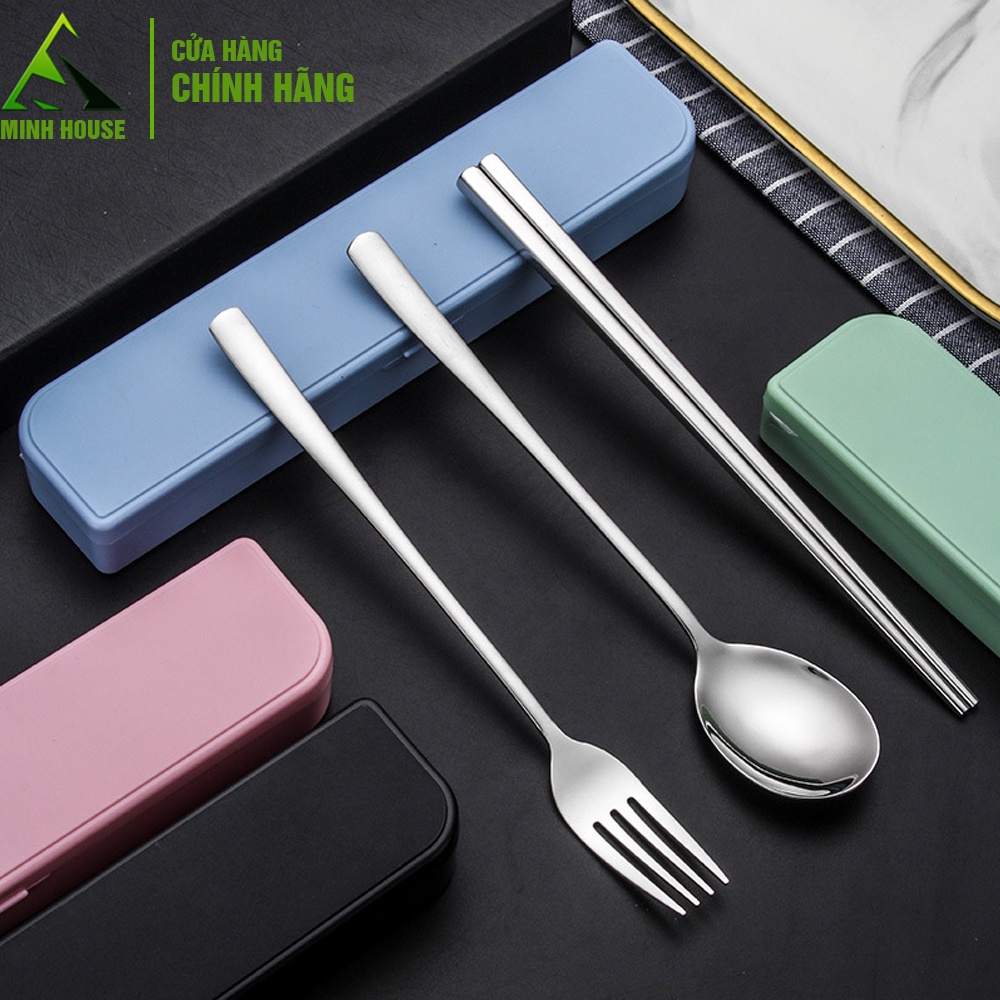 Bộ muỗng thìa đũa dĩa cơm Văn phòng Inox 304 Loại 1, kèm hộp Lúa mì Minh House
