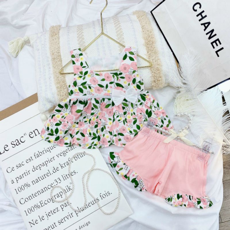 Bộ đũi hoa sát nách cổ vuông mềm mịn cho bé gái 5-25kg