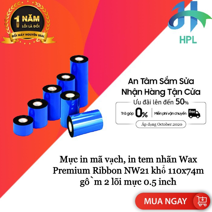 Mực in mã vạch, in tem nhãn Wax Premium Ribbon NW21 khổ 110x74m gồm 2 lõi mực 0.5 inch