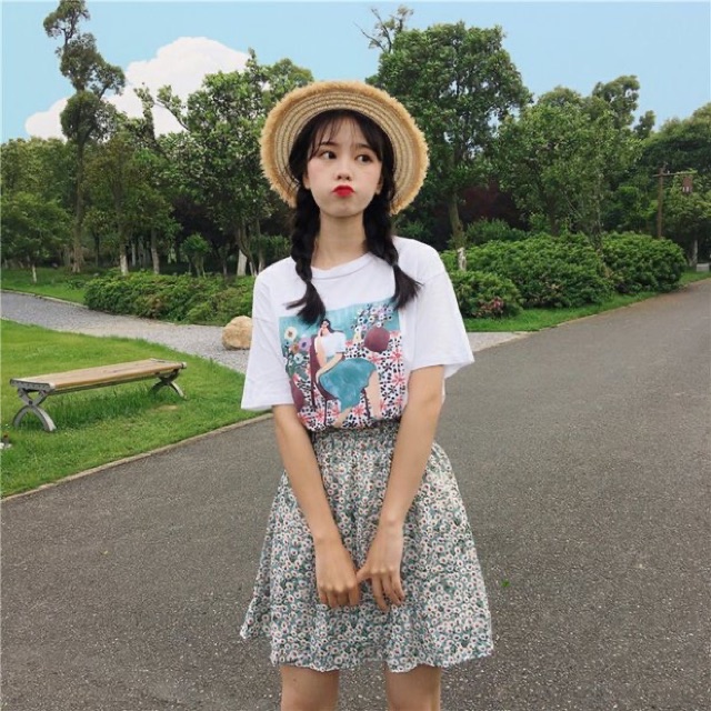 Set áo phông kèm chân váy xoè hoa nhí Ulzzang Hàng Quảng Châu