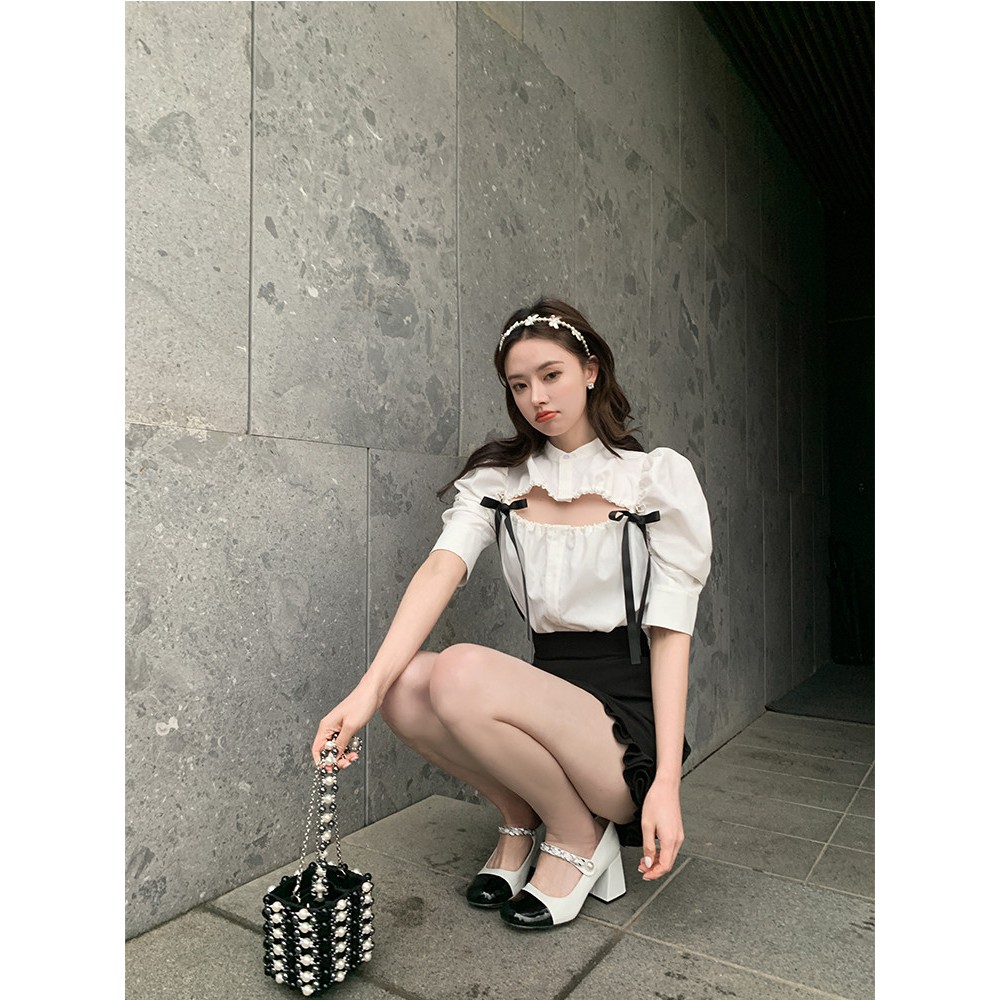 🍒🍒 Sét Áo Sơ Mi Khoét Ngực + Chân Váy Bèo Lưng Cao Xinh Xắn Cho Nữ🍒🍒