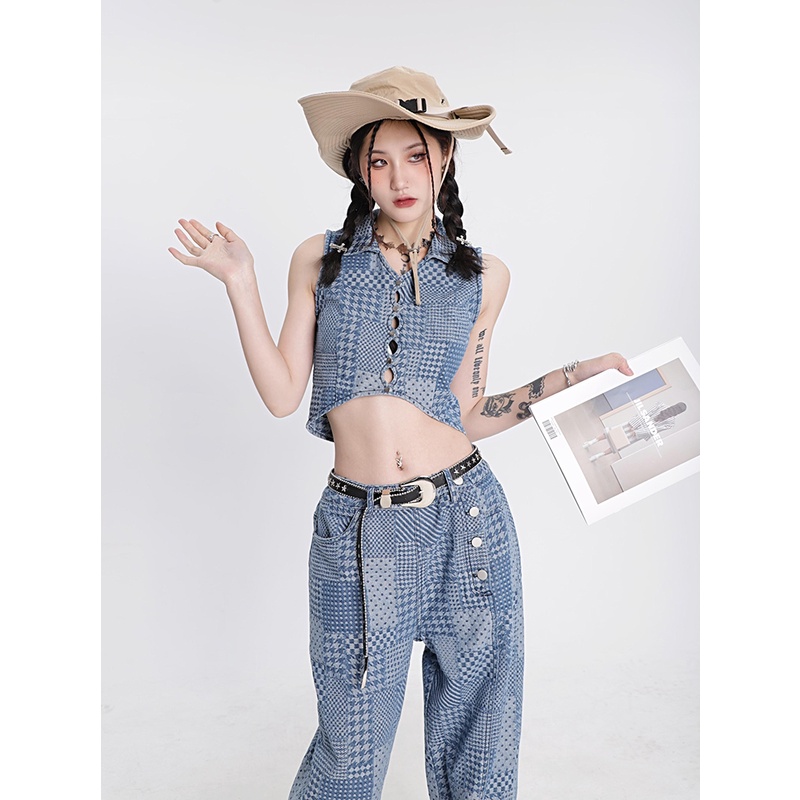 Set Áo Quần Denim Ống Rộng Thời Trang Mùa Hè 2022 Cho Nữ