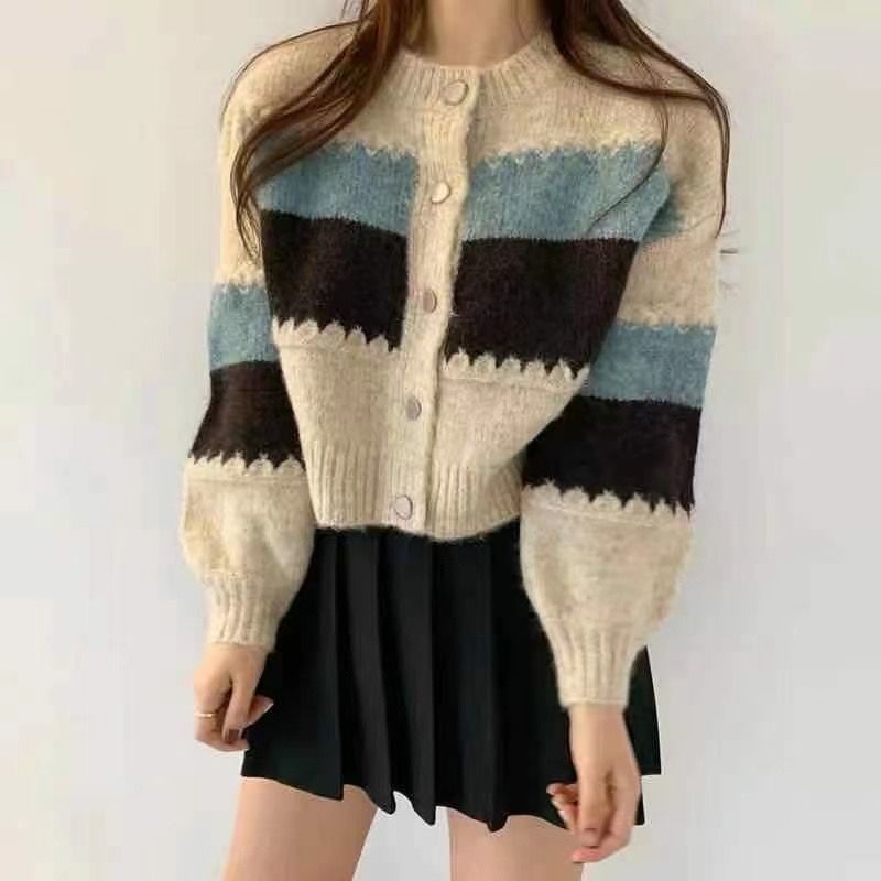 Áo Khoác Cardigan Dệt Kim Màu Sắc Tương Phản Phong Cách Retro Hàn Quốc