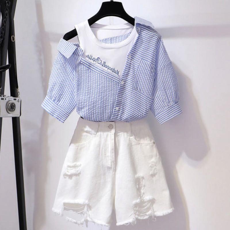 SET Áo Sơ Mi Lệch Vai + Quần Short Denim Rách Lưới