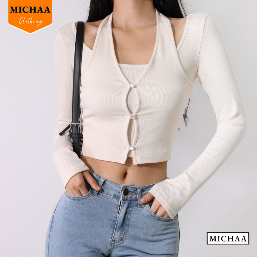 Áo Croptop Nữ Cổ Tròn TAY DÀI CHOÀNG CỔ Ôm Body, Áo Thun Croptop Kiểu Sexy Chất Thun Gân Thời Trang MICHAA CR72