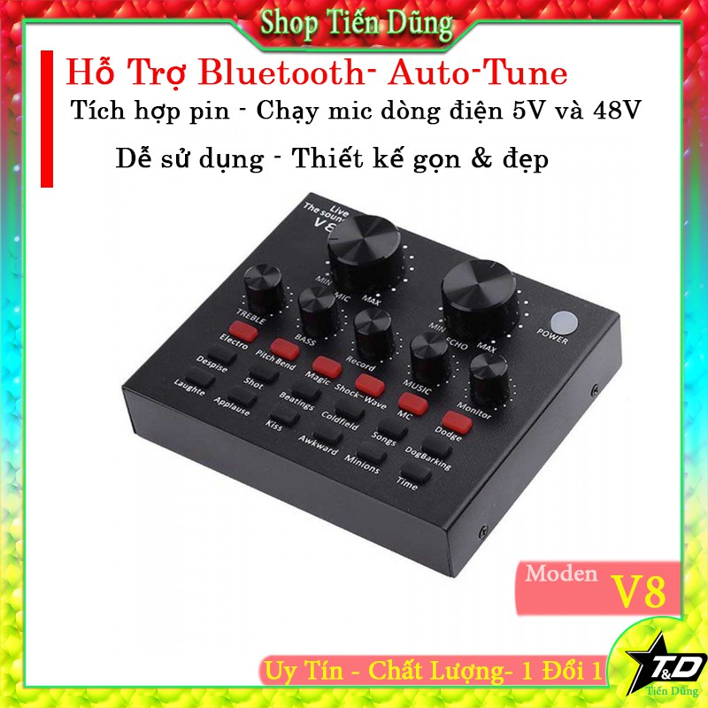 SOUND CARD V8 CÓ LOẠI BLUETOOTH chế độ Autu-tune phiên bản tiếng anh