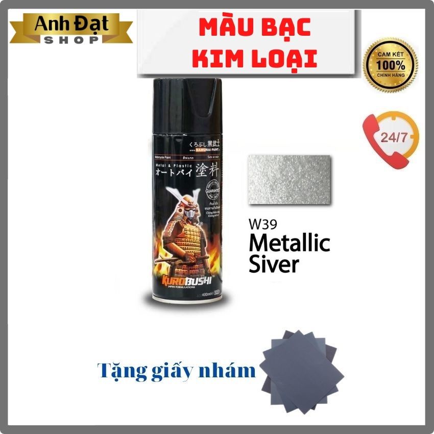 Sơn xịt samurai màu bạc kim loại - sơn mâm xe W39**, dung tích 400ml, kháng xăng (A92, A95), chống rạn nứt, bình xịt