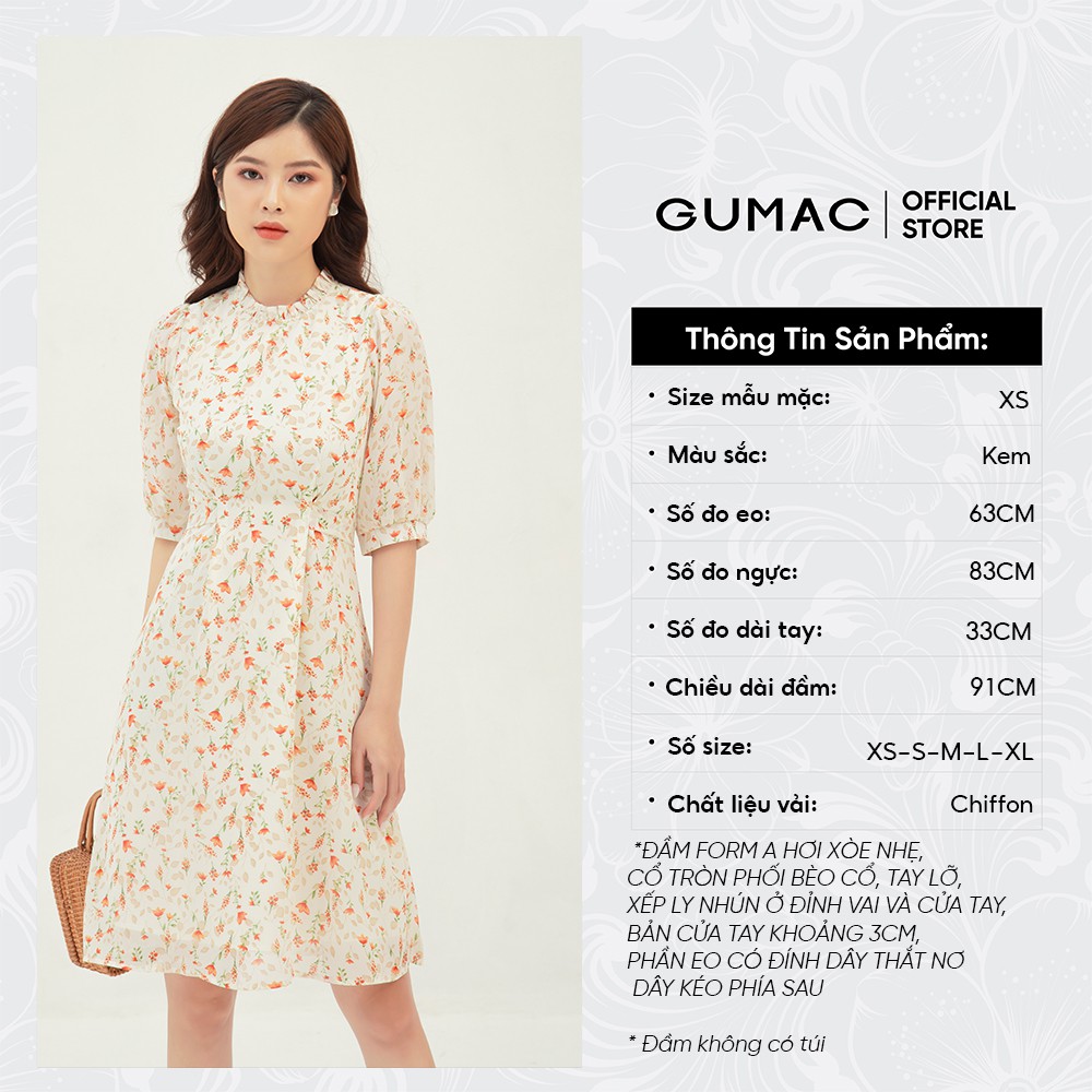 [Mã WABRGU155 giảm 15% tối đa 50k đơn 199k] Đầm xòe nữ tay dài buộc eo nhún cổ GUMAC màu kem, đủ size, phong cách DB3110 | BigBuy360 - bigbuy360.vn