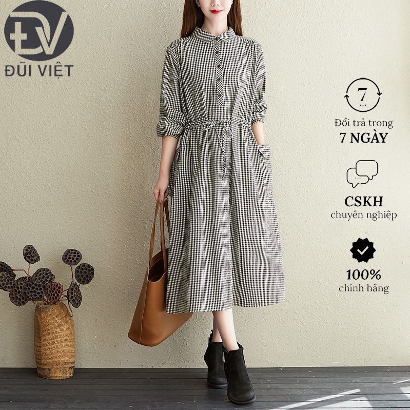 Đầm Maxi Dáng Suông ,Váy Caro Suông Dài Cổ Sơ Mi Dài Tay Phong Cách Hàn Quốc-Thời Trang Đũi Việt