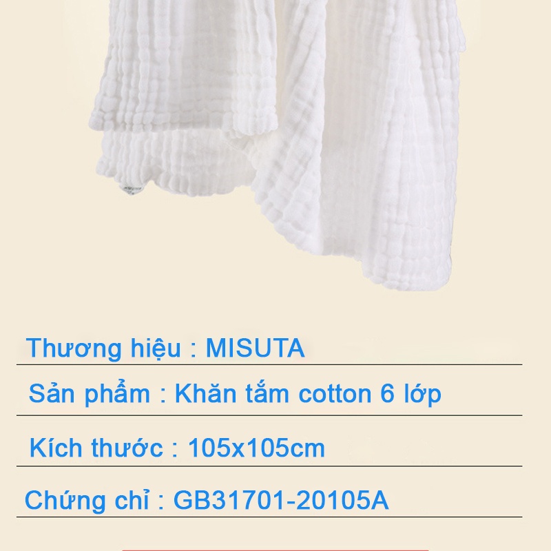 Khăn tắm cho bé sơ sinh Misuta, khăn xô 6 lớp chất liệu cotton cao cấp