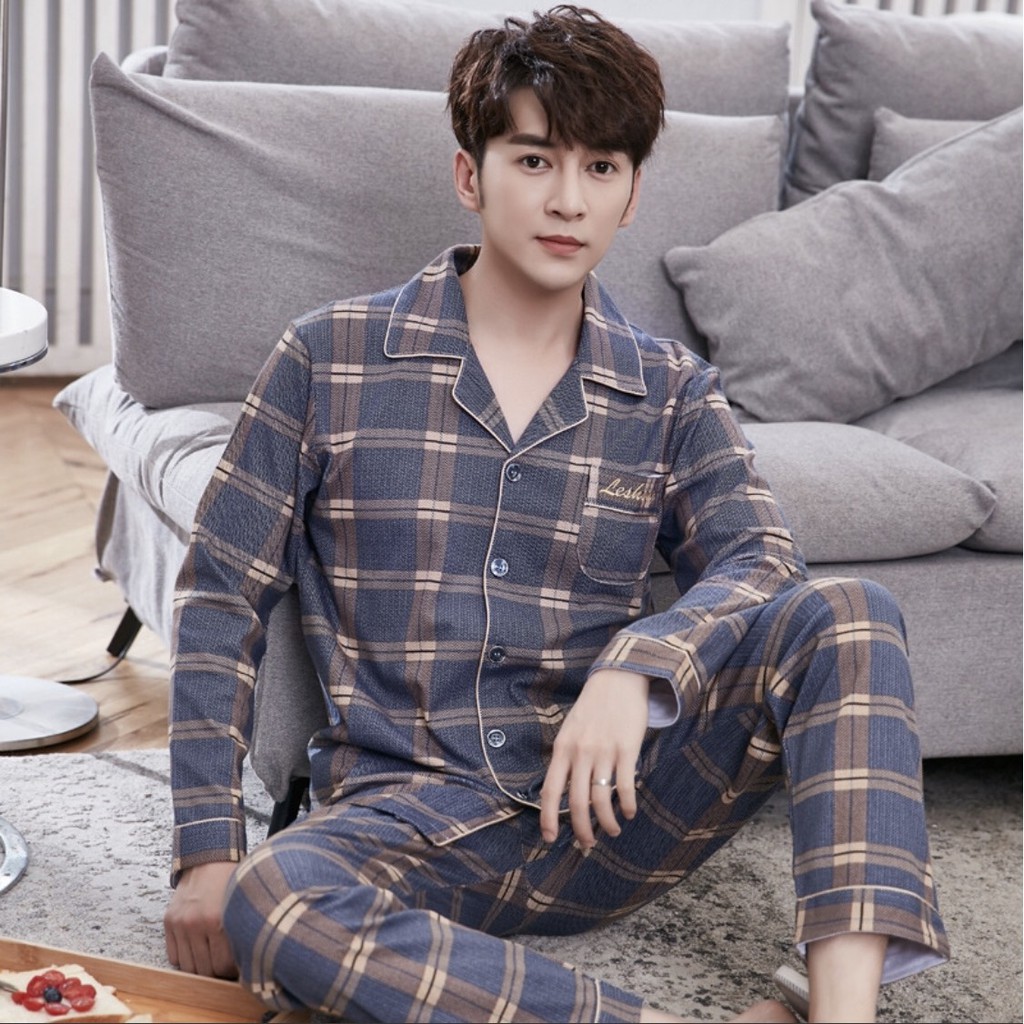 Đồ mặc nhà dài tay nam mã 9903 chất cotton 100% - Đồ bộ Pijama nam cổ V (Hàng có sẵn+Video shop tự quay)