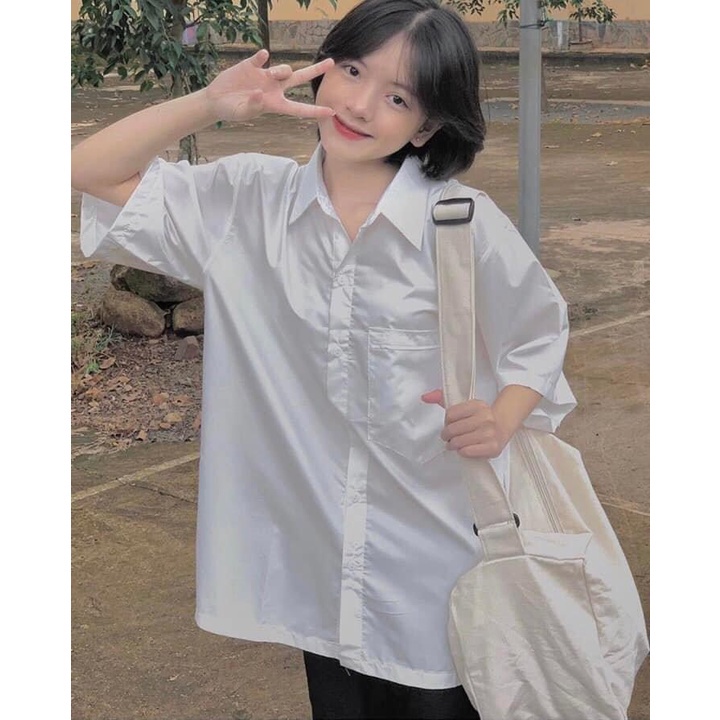Áo Sơ Mi  Nữ Form Rộng Hàn Quốc Tay Lỡ Ngắn Tay Dày Mịn Thoáng Mát Thiết Kế Thời Trang Kiểu Dáng Năng Động Trẻ Trung