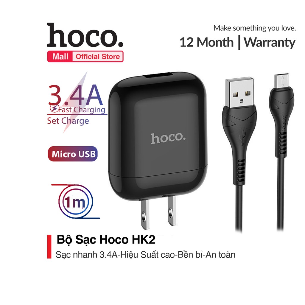 Bộ Sạc Nhanh Hoco HK2 Micro 3.4A nhựa PC cao cấp