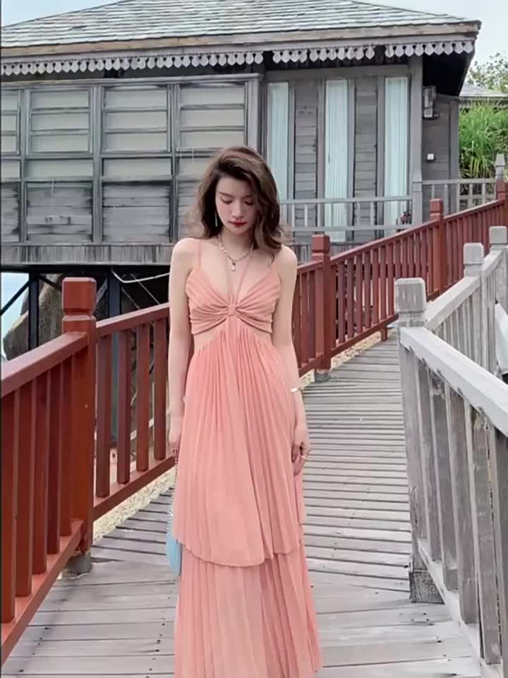 Váy Đầm Maxi 2 Dây Dáng Xòe Xếp Li Khoét Eo Hở Lưng Đi Biển, Du Lịch Sexy - Hàng Quảng Châu Dalyn | BigBuy360 - bigbuy360.vn