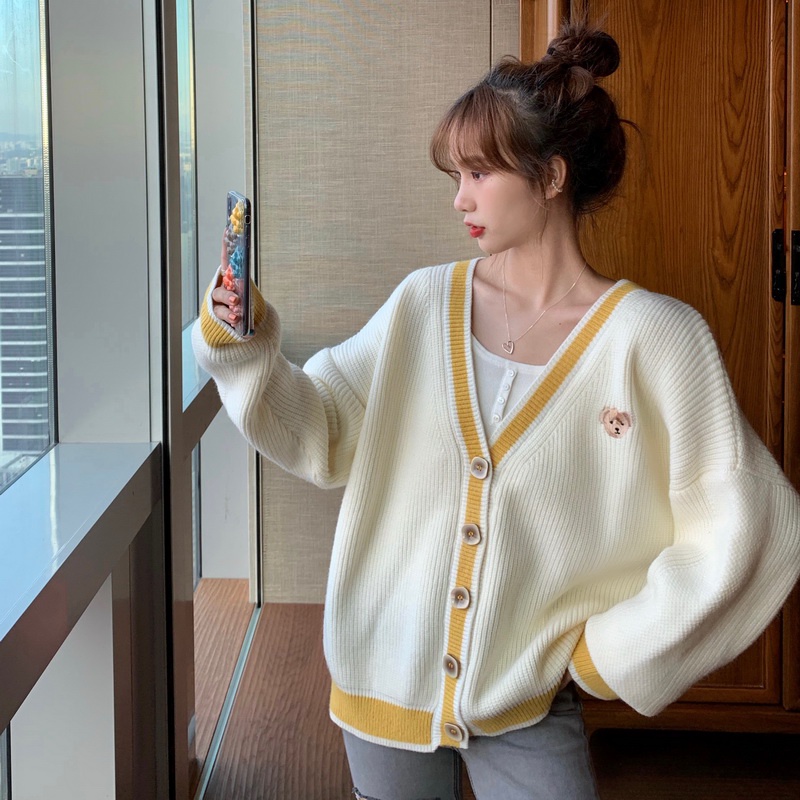 Áo khoác cardigan NZN cổ chữ V thêu họa tiết gấu hoạt hình thời trang Hàn Quốc dành cho nữ
