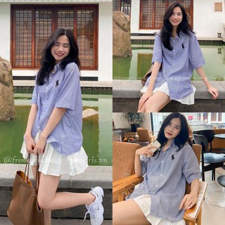 Sơ mi kẻ tay lỡ thêu ngựa có túi basic (video ảnh thật) ulzzang - SM13FG