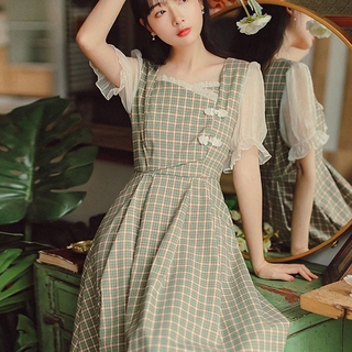 Đầm midi ngắn tay họa tiết ca rô xinh xắn dành cho nữ