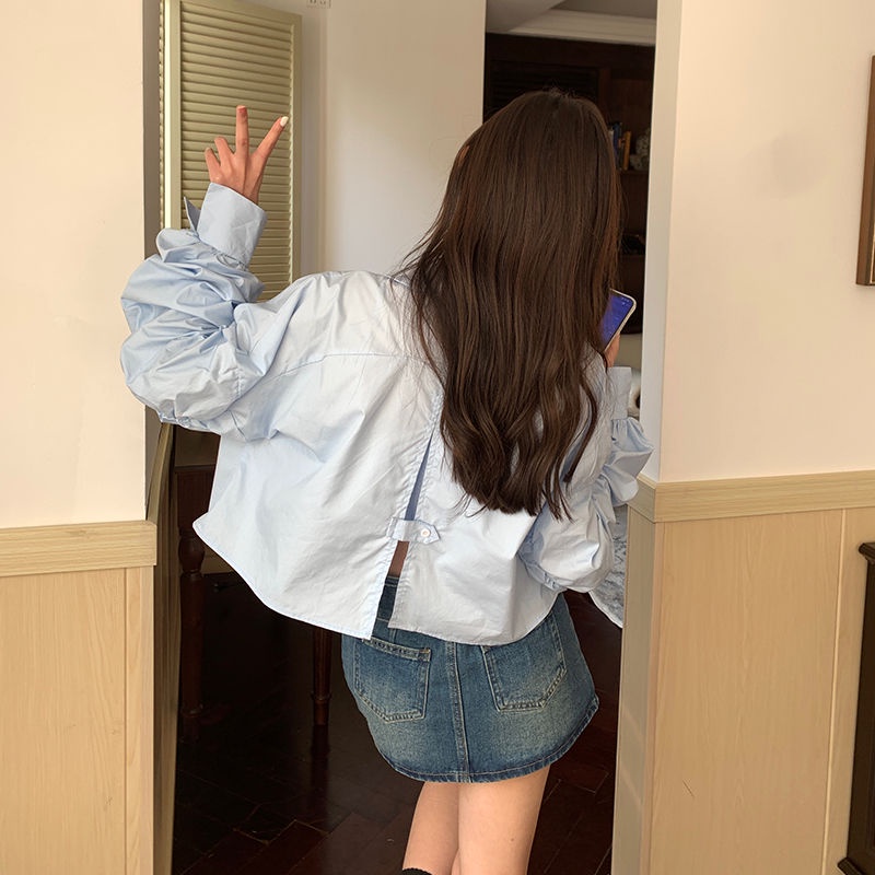 Áo Sơ Mi Tay Dài Dáng Rộng Màu Xanh Thời Trang Phong Cách Hàn Quốc Cho Nữ