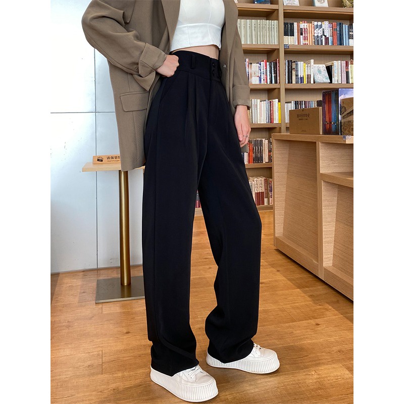 Quần dài ZHELIHANGFEI ống rộng lưng cao màu đen thời trang xuân thu cho nữ