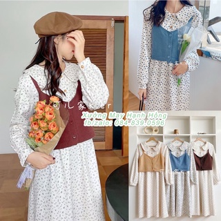 Váy hoa nhí nhung cổ tròn vintage dài tay thu đông ULLZZANG quảng châu