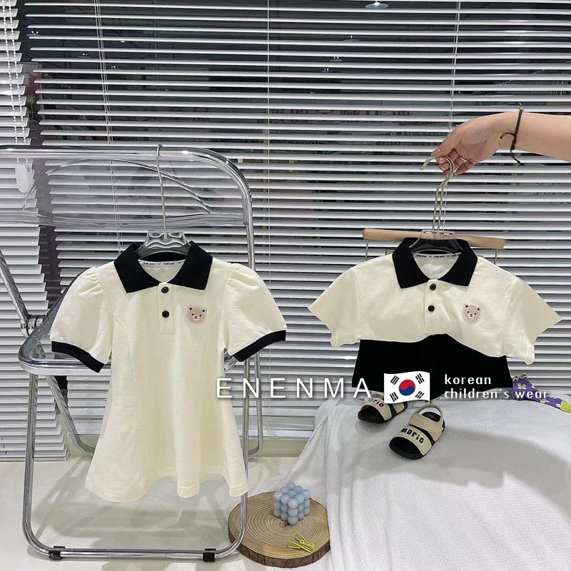 Đồng phục cho bé, set cặp chị em cổ trụ thêu mặt gấu cho bé trai bé gái