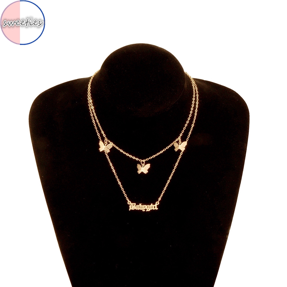 Trang sức dây chuyền 2 lớp mặt hình bướm và chữ cái thiết kế cổ điển thời trang cho nữ