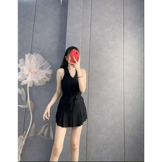 Set áo khoét nách cổ sơ mi phối chân váy lưng thun