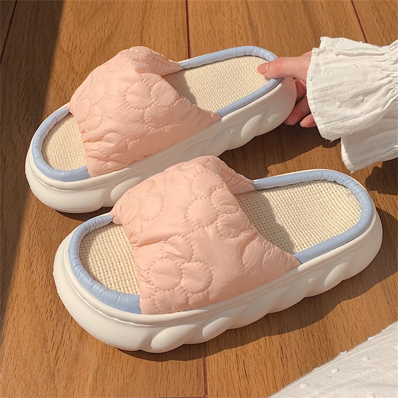 Oeteo Dép Bông Đi Trong Nhà Bằng cotton Lanh Dày Dặn Họa Tiết Hoa Cho Nữ