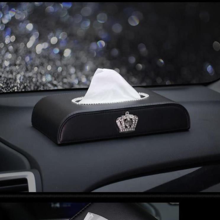 Hộp đựng khăn giấy trên ô tô bằng da đính đá sang trọng - hộp giấy ăn vương miện Bảo Hành Uy Tín Lỗi 1 Đổi 1