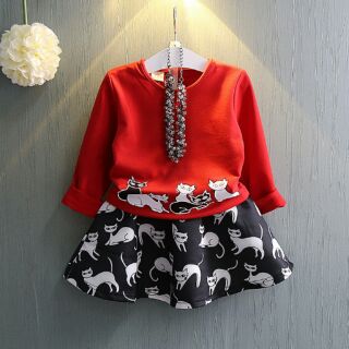 Set chân váy mèo đen + áo đỏ