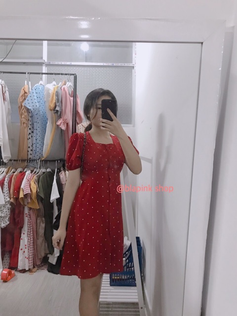 🍒Đầm cổ vuông bi đỏ tay phồng thắt nơ eo cùng với cardi dress 🎁 Ảnh thật