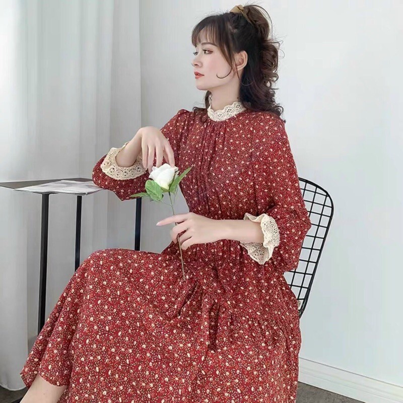 Đầm bầu thiết kế Aidenshop Váy bầu thời trang công sở thu đông hoa nhí (40-70kg)